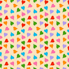 On a beige seamless background multicolored bright hearts for greeting cards, gifts, Valentine's Day.