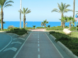 Fototapeta premium CALLE TURISTICA CON EL MAR DE FONDO, VERANO, BENIDORM, PLAYA, VACACIONES, MIAMI, PALMERAS, TROPICAL