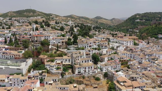 Aerial view of cityscape of Granada, historic center of city in Andalusia during summer - landscape panorama of Spain from above, Europe