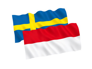 National fabric flags of Indonesia and Sweden isolated on white background. 3d rendering illustration. Proportion 1:2