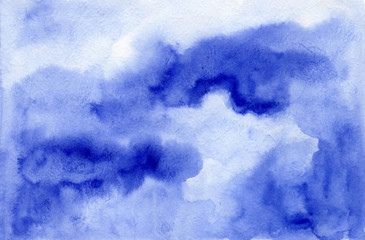 Fototapeta na wymiar Dramatic dark and light blue cloudscape wet watercolor background, wash technique. Bright stormy sky watercolour concept illustration