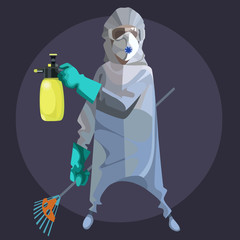 cartoon man in a special protective suit with garden tools in his hands