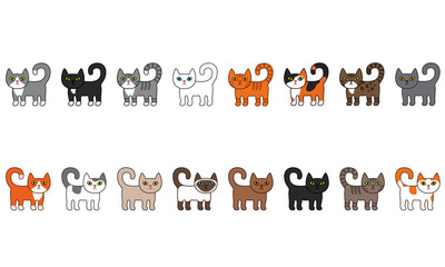 Various cats seamless border set. Cute and funny cartoon kitty cat vector illustration set with different cat breeds. Pet kittens of different colours. 