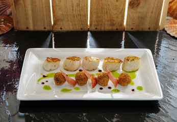 Fresh Scallops with black pudding bon bons