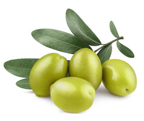 Delicious green olives with leaves, isolated on white background