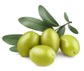 Foto auf Glas Delicious green olives with leaves, isolated on white background © Yeti Studio