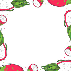 Fototapeta na wymiar Vector cartoon style frame, card template with hand drawn dragon fruit, pitaya.