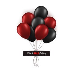Black Friday promo concept. Bunch of black and red balloons with strings glued with black tape isolated on white background . Vector card illustration for your graphic design