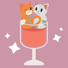 a character of couple cute cat sitting on the transparent wine glass .and They look happy on the transparent wine glass.The red wine have wink effects around the glass. cute cat in flat vector style