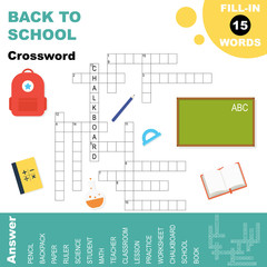 Back to school word search crossword, educational worksheet for kids with answer, vector illustration