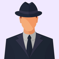 Man in a hat and a suit without face. Detective, secret agent, mafia character. Flat style vector illustration isolated on gray background.