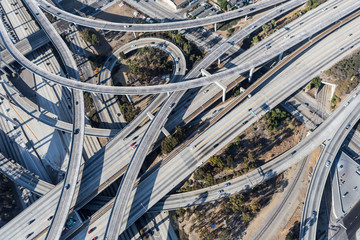 Aerial view of the Harbor 110 and Century 105 freeway interchange ramp bridges near downtown Los...