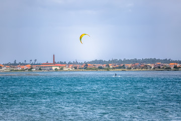View of a professional male kitesurf sports practicing extreme sports Kiteboarding