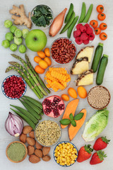 Alkaline health food selection of vegetables, fruit, herbs, spice, whole wheat grain, legumes,...