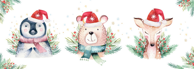 Watercolor cute baby bear, deer and penguin cartoon animal portrait design. Winter holiday card on white background. New year decoration, merry christmas element