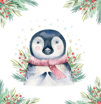 Watercolor cute baby penguin cartoon animal portrait design. Winter holiday card on white background. New year decoration, merry christmas element © kris_art