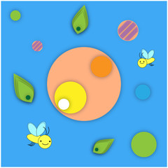 illustration positive image of yellow smiling bees on a blue background with geometric patterns in the form of circles of different colors and green leaves