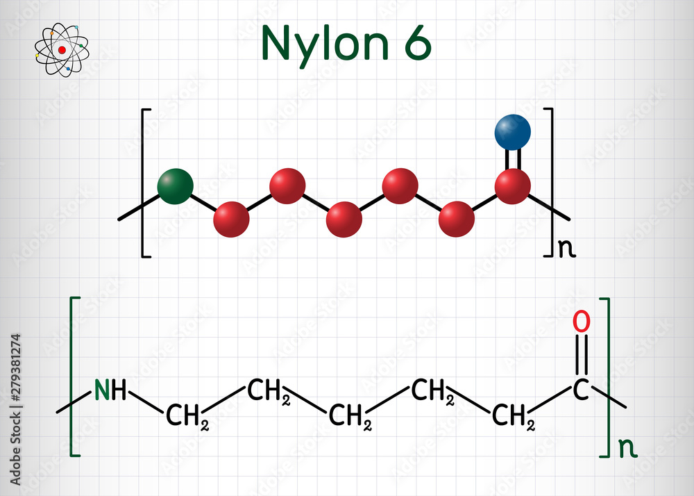 Sticker Nylon 6 or polycaprolactam polymer molecule. Structural chemical formula and molecule model. Sheet of paper in a cage