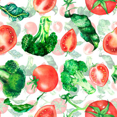 Watercolour tomatoes and broccoli seamless pattern