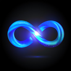 Shining volume infinity symbol with white fire inside. Bright blue fusion swoosh sign. Vector 3d illustration isolated on black background. Sparkle neon spiral wave - obrazy, fototapety, plakaty
