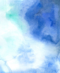 Gradient abstract cloudy background. Hand-drawn, watercolor texture of the blue and violet sky, watercolor stains. 