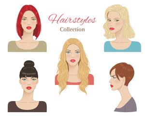 Beautiful young women with fashion trendy hairstyles. vector illustration.