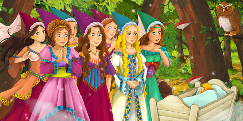 cartoon scene with happy young girl and boy prince and princess in the forest encountering pair of owls flying - illustration for children