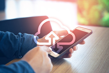 businessman smartphone mobile with cloud storage, social network technology with lifestyle office concept, data deep learning ai robotic, system and hacker online security privacy