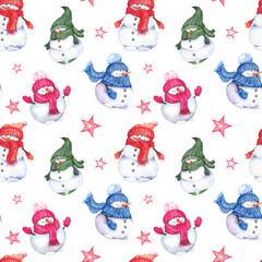 Seamless pattern with cute snowmen wearing colorful knitted hats, scarves and mittens. Watercolor illustration on white background.