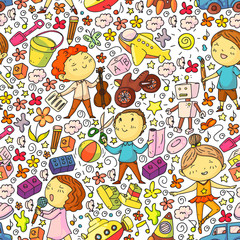 Fototapeta premium Painted by hand style seamless pattern on the theme of childhood. Vector illustration for children design.