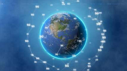3D illustration of globe of Earth planet with cloud of digital around. Concept of big data