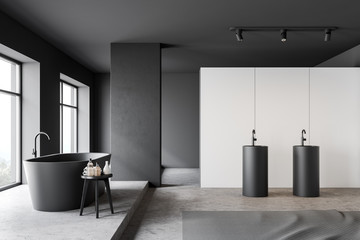 Side view of white and gray bathroom