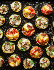 Zucchini pizza bites from zucchini slices with the addition of brown mushrooms, mushroom...
