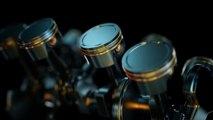 3D illustration of close-up of engine in slow motion, pistons and valves. - obrazy, fototapety, plakaty