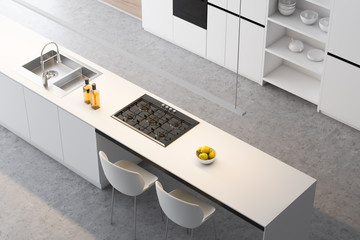 Top view of white kitchen with island