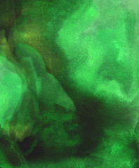 Abstract background. Hand-painted emerald texture. Watercolor painting, splashes, drops of paint, paint smears. Design for backgrounds, wallpapers, covers and packaging