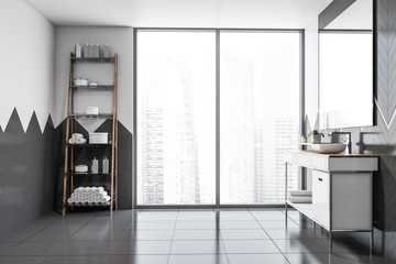 White and gray tile bathroom, sink and shelves