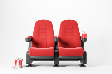 Two red cinema chairs on white background - obrazy, fototapety, plakaty
