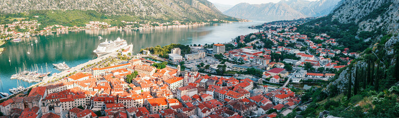Cityscape of old city Kotor, bay in Adriatic sea surrounded by mountains, Montenegro. Panoramic...