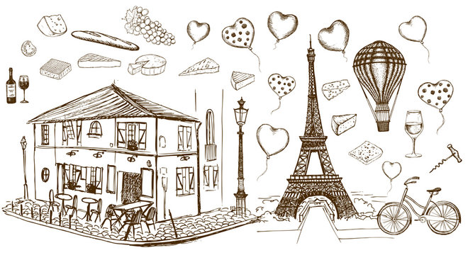 Set of hand drawn French icons, Paris sketch illustration