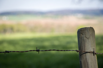 Holzzaun aus Stacheldraht an Feld