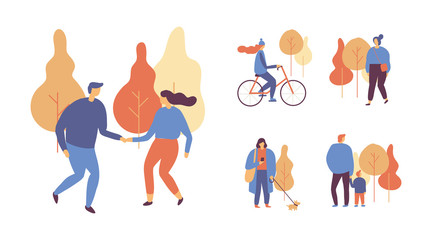 Autumn park landscape. Different People in warm clothes having fun outdoors in urban park. Colorful Autumn park flat vector illustration. Autumn park with people illustration. 