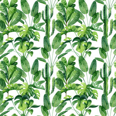 Watercolor seamless pattern with home greenery monstera, cactus, ficus.