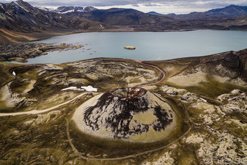 Above view of beautiful small Stutur volcano crater in Landmannalaugar highlands