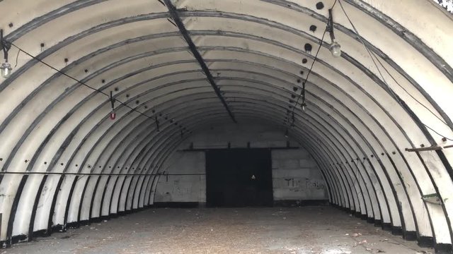 Schwalben fliegen zu ihren Nestern im Gew&ouml;lbe eines alten Hangers