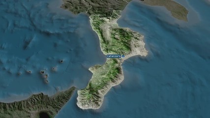 Calabria - region of Italy with its capital zoomed on the satellite map of the globe. Animation 3D