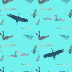 Seamless pattern with hand painted swans swimming and flapping its wings and storks flying. Silhouette design for wallpapers and fabrics