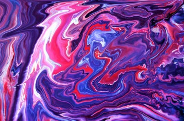 Red-blue-violet-white abstract background. Acrylic paints flow freely into one another, creating an...