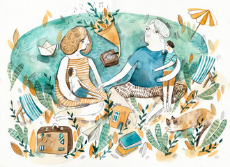 Painting of couple with grandchildren listening to music