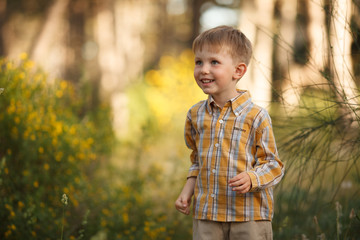 beautiful portrait of a baby boy smiling in nature for a walk